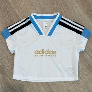 adidas White & Light Blue Kids' Sports Tee with Gold Logo